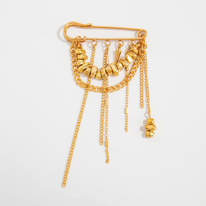 Trendy Metal Chain Tassel Brooch Pin With Stone Detail