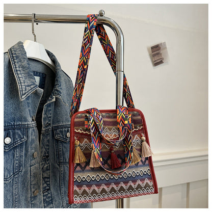 Ethnic Style Tassel Shoulder Bag Trendy Chic Fabric Crossbody Bag