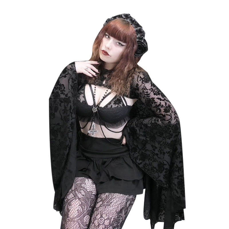 Gothic Floral Velvet Cardigan with Ruffled Sleeves