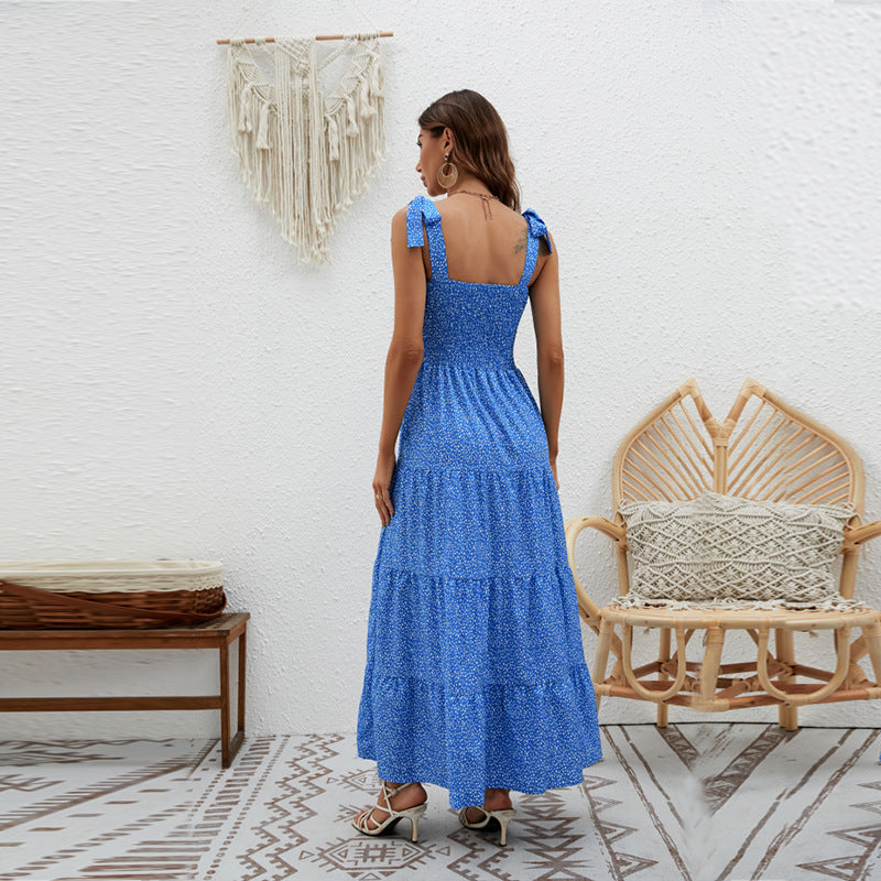Ruffle Print Sleeveless String Strap Dress