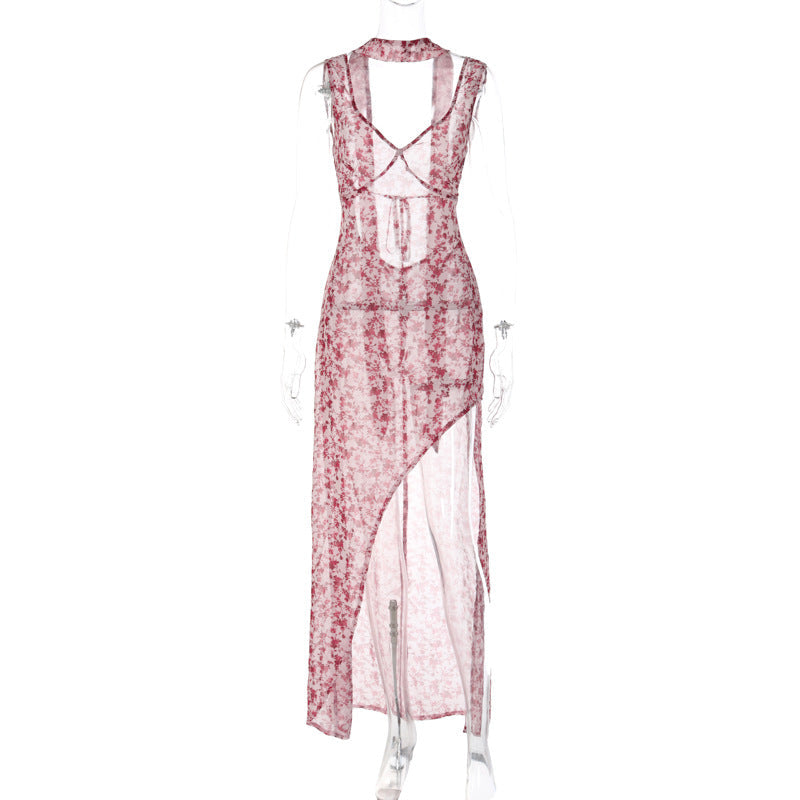 Floral Print Backless Drape Dress for Parties