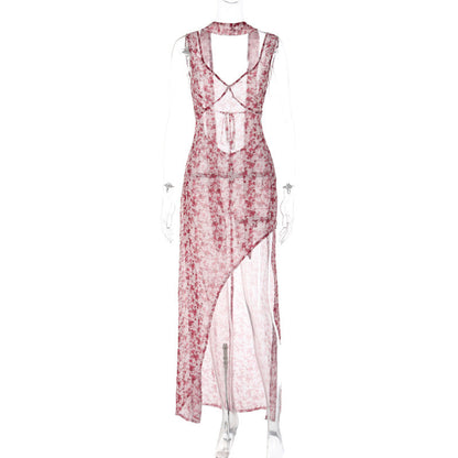 Floral Print Backless Drape Dress for Parties