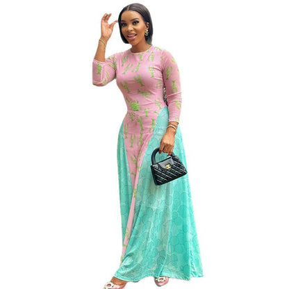 Color-Block Print A-Line Dress With Long Sleeves