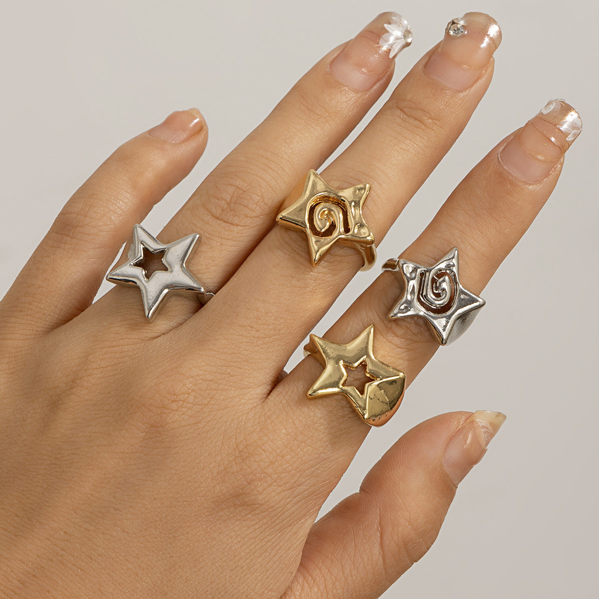 Trendy Geometric Star Ring Set Metal Open Adjustable Rings For Women