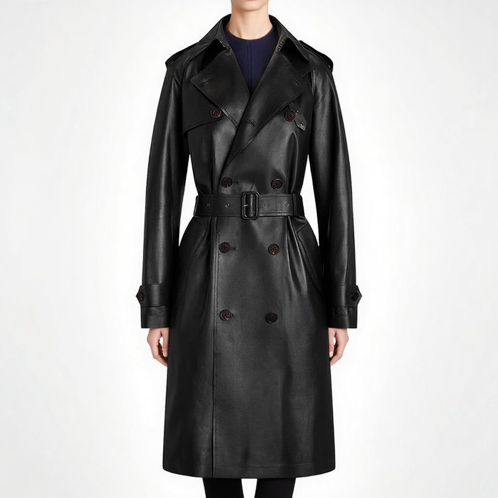 Double-Breasted Belted Faux Leather Trench Coat