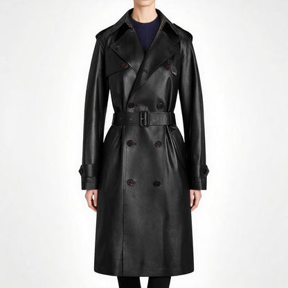 Double-Breasted Belted Faux Leather Trench Coat