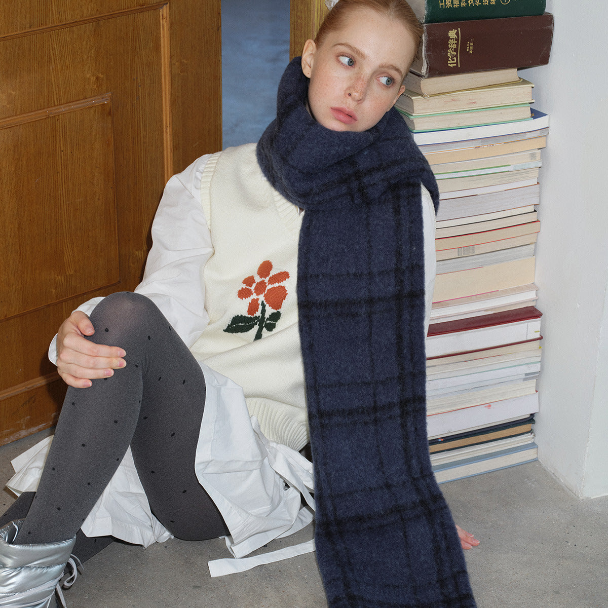 Plaid Pattern Wool Blend Scarf for Women