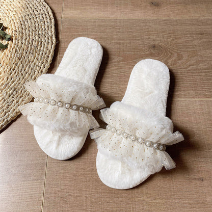 Rhinestone Lace Pearl Plush Slippers