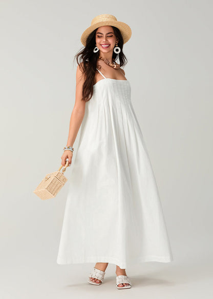 White Linen Cotton Pleated Maxi Sundress