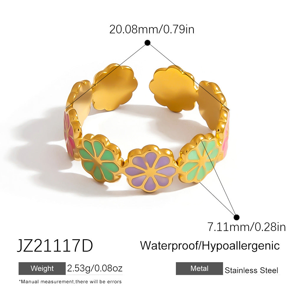 Colorful Floral Stainless Steel Ring Stylish Casual 18K Gold-Filled Women's Ring