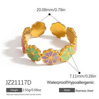 Colorful Floral Stainless Steel Ring Stylish Casual 18K Gold-Filled Women's Ring