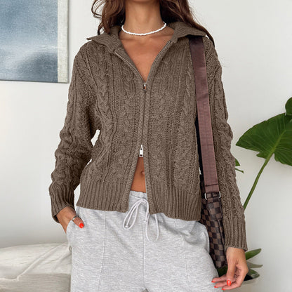 Solid Color Slouchy Zipper Cable Knit Cardigan