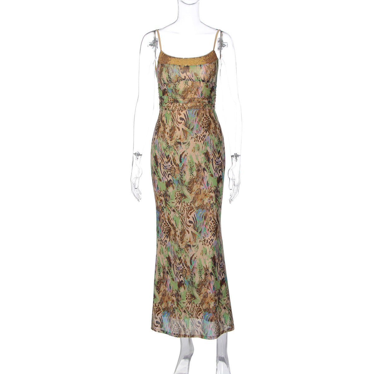 Fashionable Abstract Print Double-Layer Maxi Dress with Hollow Back