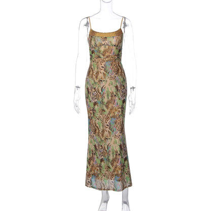 Fashionable Abstract Print Double-Layer Maxi Dress with Hollow Back