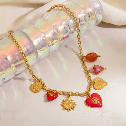 Heart Sun Pendant Stainless Steel Necklace Elegant Locking Clavicle Chain