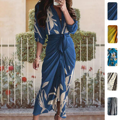 Elegant Floral V-Neck High-Waisted Dress for Women