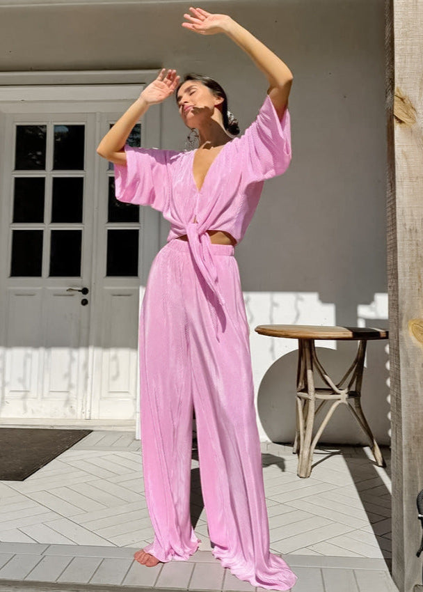 Pleated Wide Leg Lounge Set In Lightweight Fabric