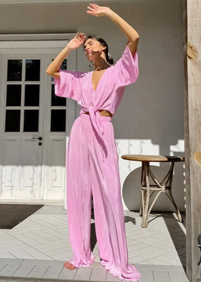 Pleated Wide Leg Lounge Set In Lightweight Fabric