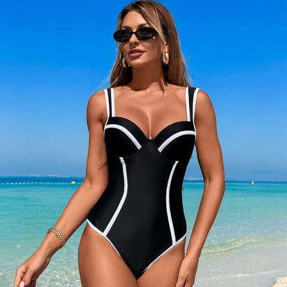 New Women'S High-Waisted Black And White Striped One-Piece Swimsuit