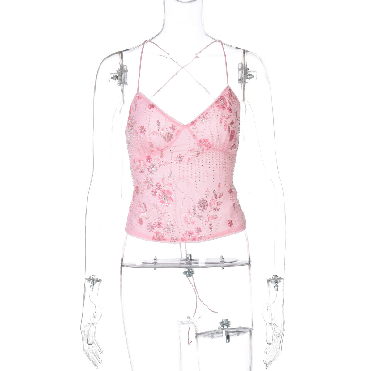 Floral Sequined Tie Back Crop Top
