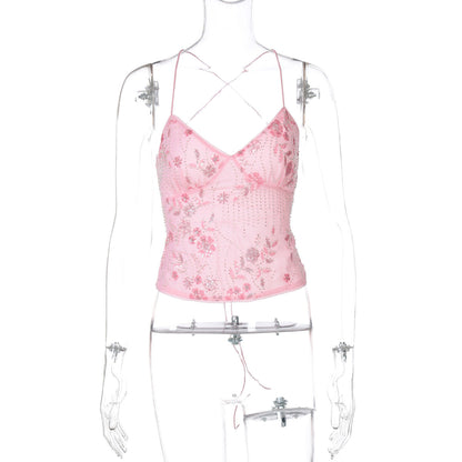 Floral Sequined Tie Back Crop Top