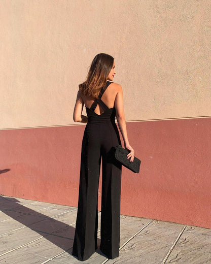 One Piece Pants Wide Leg Pants Straight Tube Middle Waist Backless Black Pants