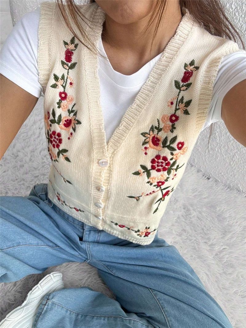 Floral Embroidery V-Neck Knit Sweater Vest