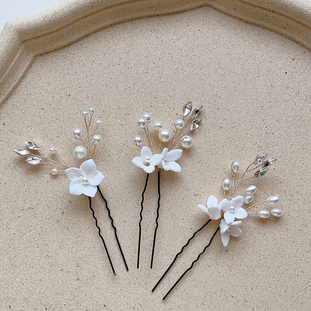 Bridal Wedding Hair Accessories Set of 3 White Floral U-Shaped Hair Pins