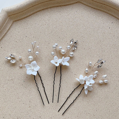 Bridal Wedding Hair Accessories Set of 3 White Floral U-Shaped Hair Pins