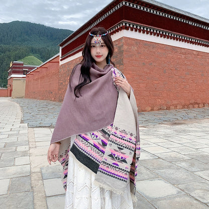 Tibetan Great Retro Totem Red Warm Outer Shawl Women'S Scarf Autumn And Winter Cloak Big Cloak