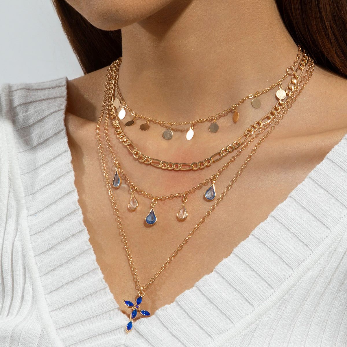 Geometric Layered Y-Shaped Alloy Necklace With Tassels And Rhinestones