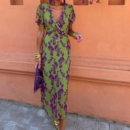 Color Block Floral Maxi Dress Elegant Fit Short Sleeve Dress