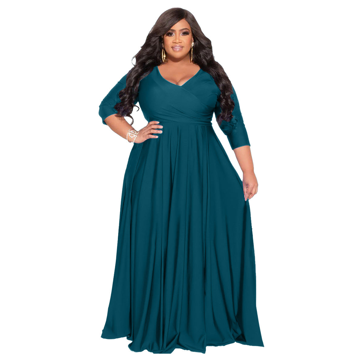 Plus Size Solid Color V-Neck Elegant Long Dress