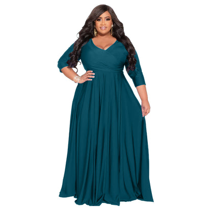 Plus Size Solid Color V-Neck Elegant Long Dress