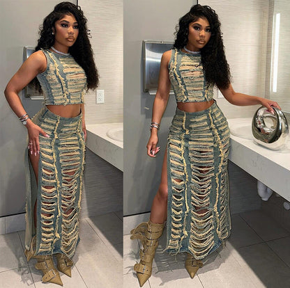 Trendy 3D Patterned Denim Vest And Skirt Set