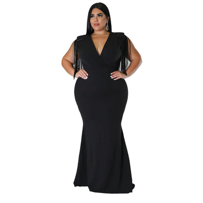 Elegant V-Neck Long Sleeve Dress With Fringe Detail