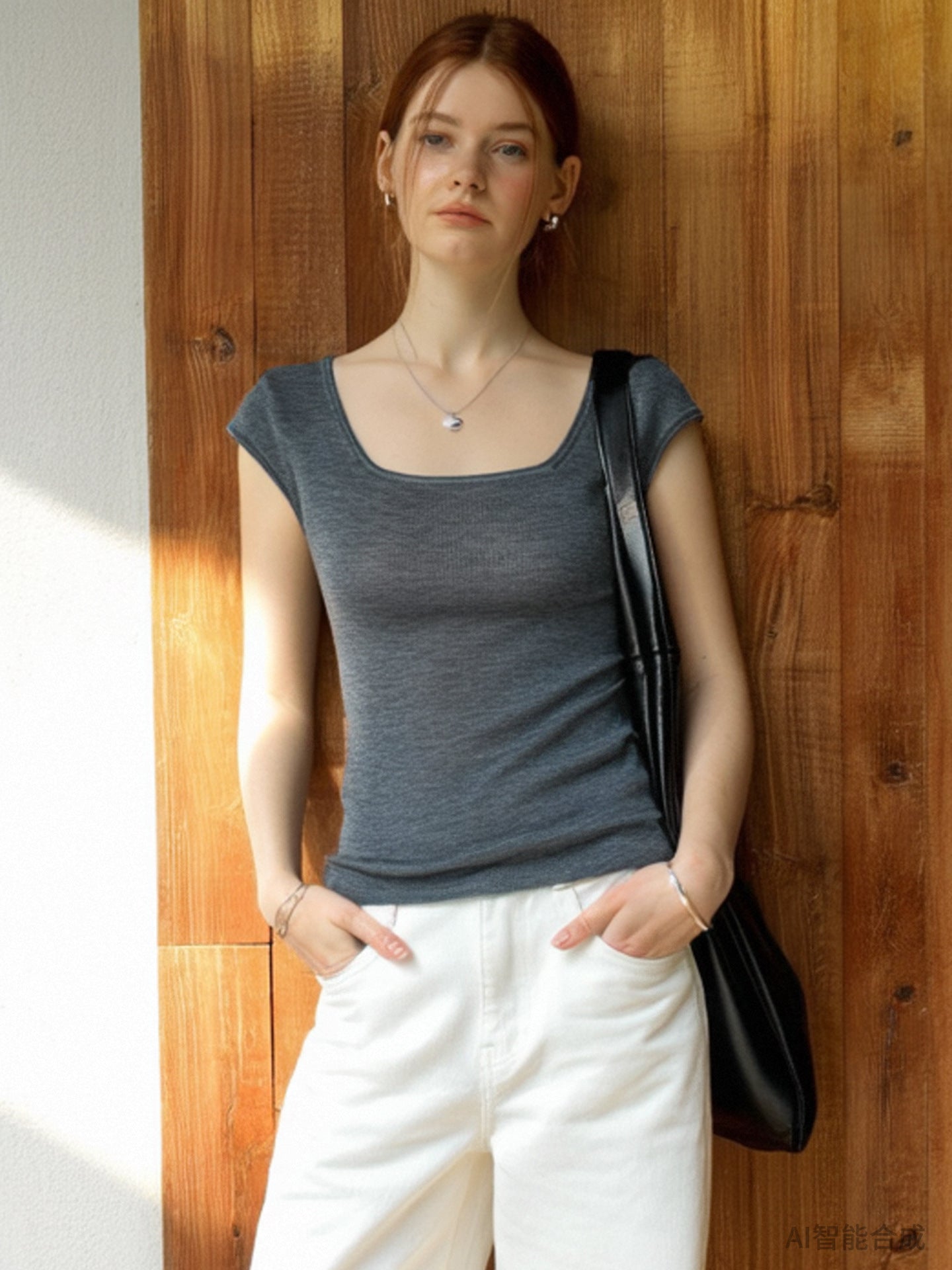 Feminine Square Neck Wool Blend Short Sleeve Top