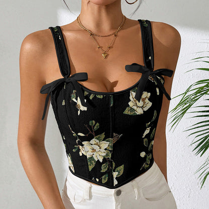 Retro Black Tank Top With Floral Design For Casual Wear