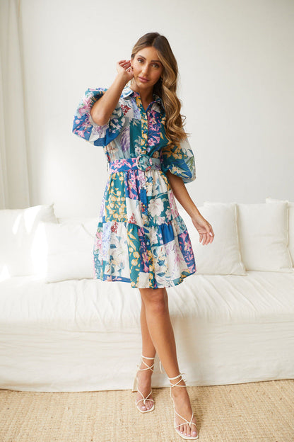 Bohemian Printed Short Skirt Lantern Short Sleeved Belt Single Breasted A-Line Dress