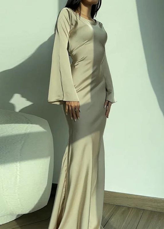 Satin Long Sleeve Maxi Dress With Lace Up Back