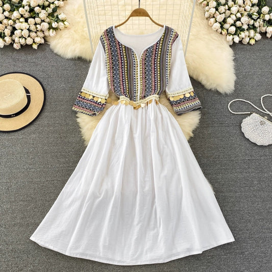 Ethnic Style New Spring And Summer Splicing Patch Cotton Linen Tassel Dress