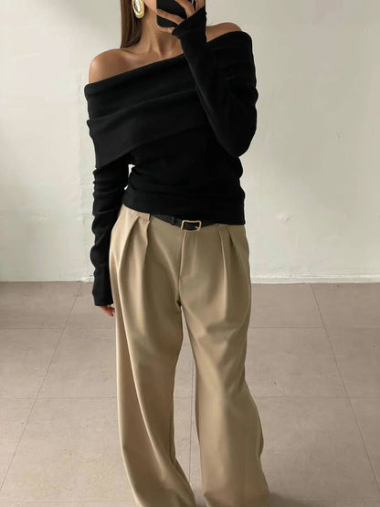 Off-Shoulder Knit Sweater Elegant Fitted Style
