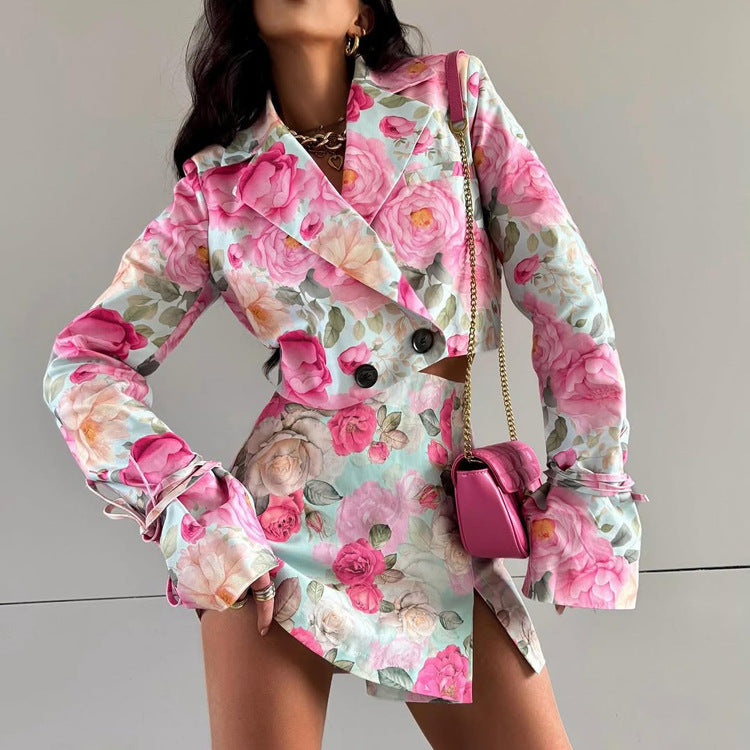 Digital Print Fashion Two-Piece Skirt Set with Button Detail