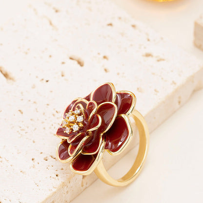 French Elegant Adjustable Drip Glaze Floral Open Ring