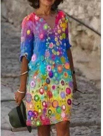 Abstract Print V-Neck A-Line Dress Comfortable Casual Fashion