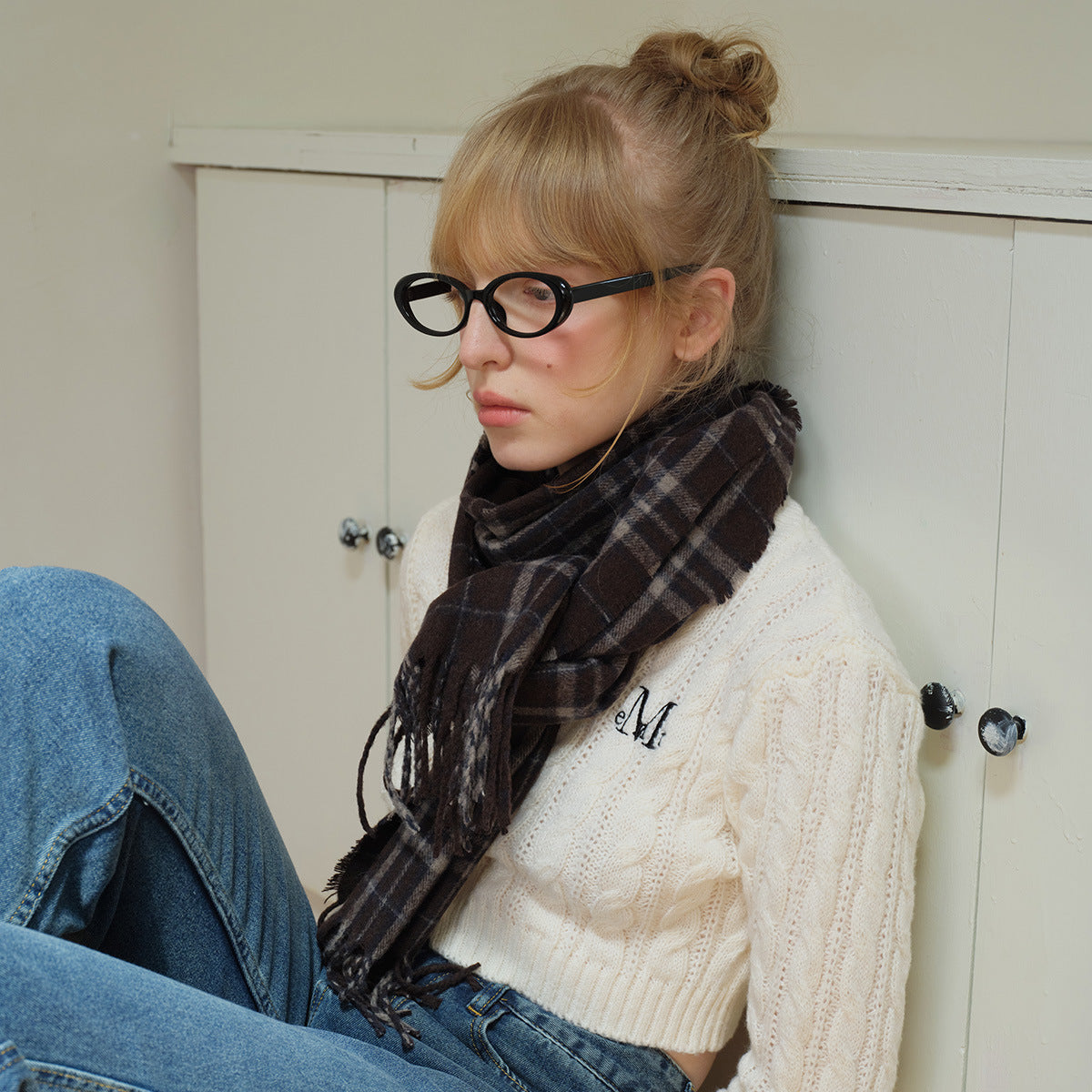 Brown Plaid Wool Blend Scarf with Fringes