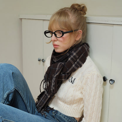 Brown Plaid Wool Blend Scarf with Fringes