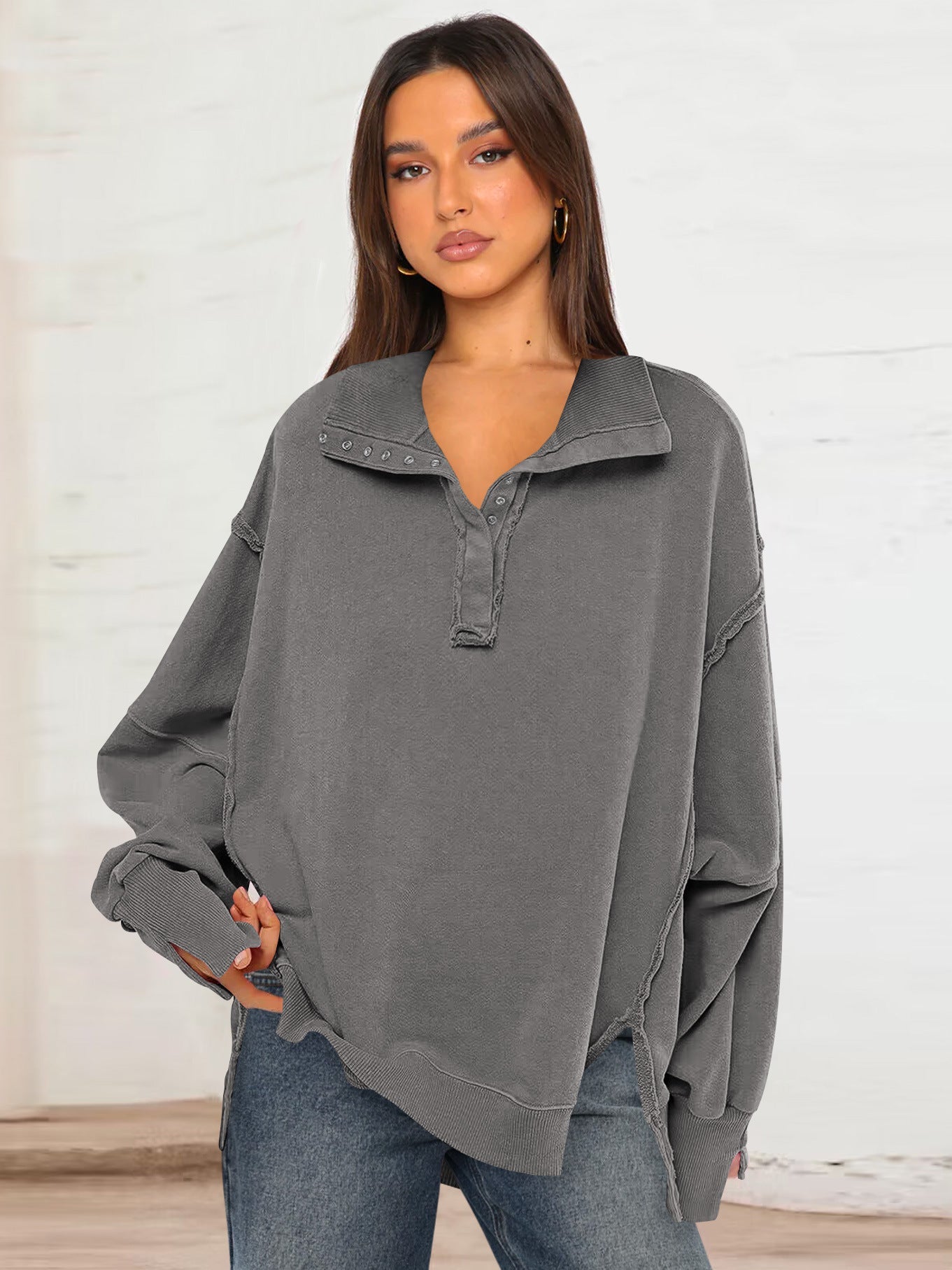 Trendy Casual Polo Neck Sweatshirt with Lantern Sleeves