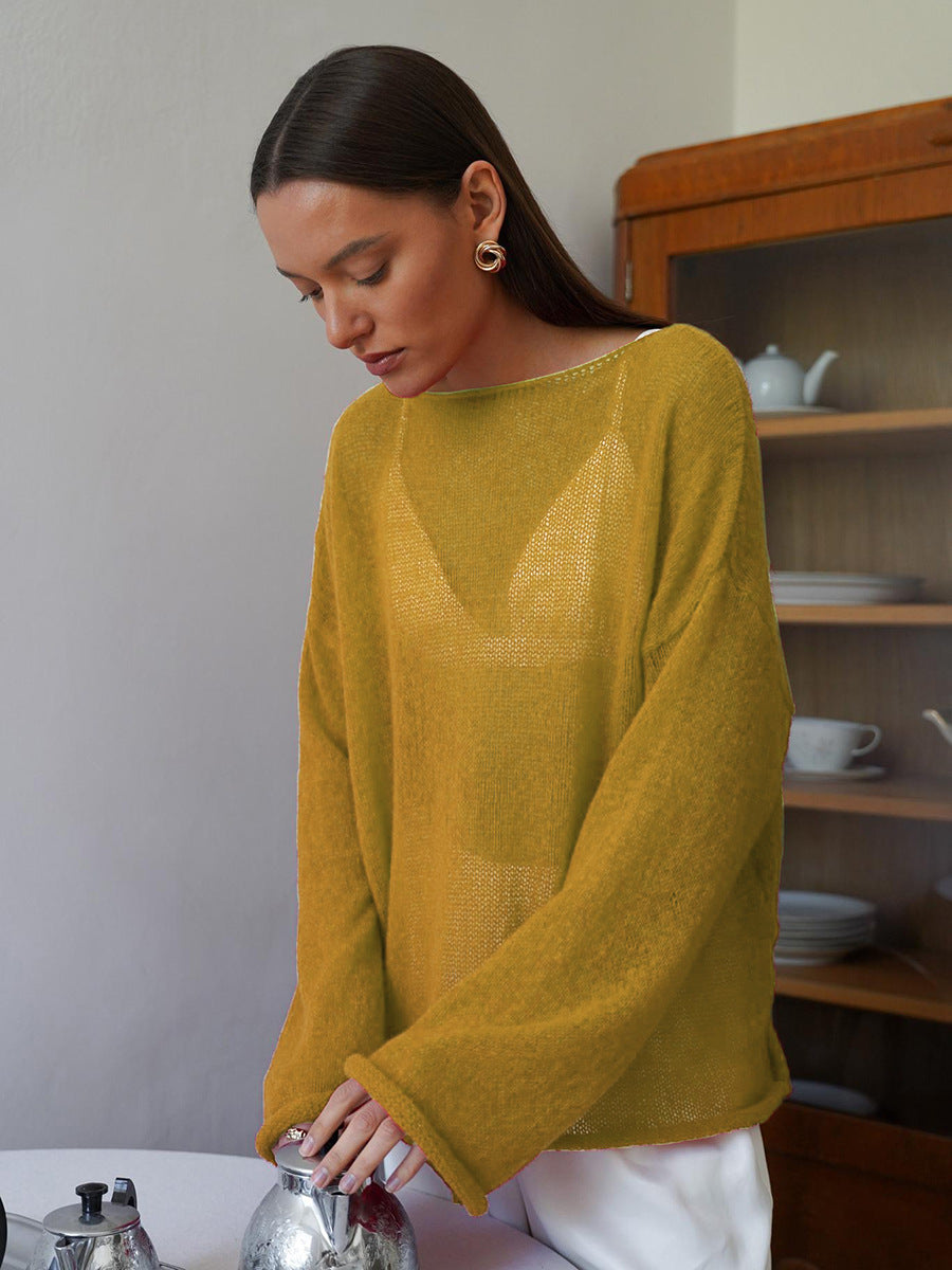 Hollow Knit T-Shirt with Bell Sleeves for Women