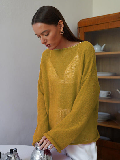 Hollow Knit T-Shirt with Bell Sleeves for Women